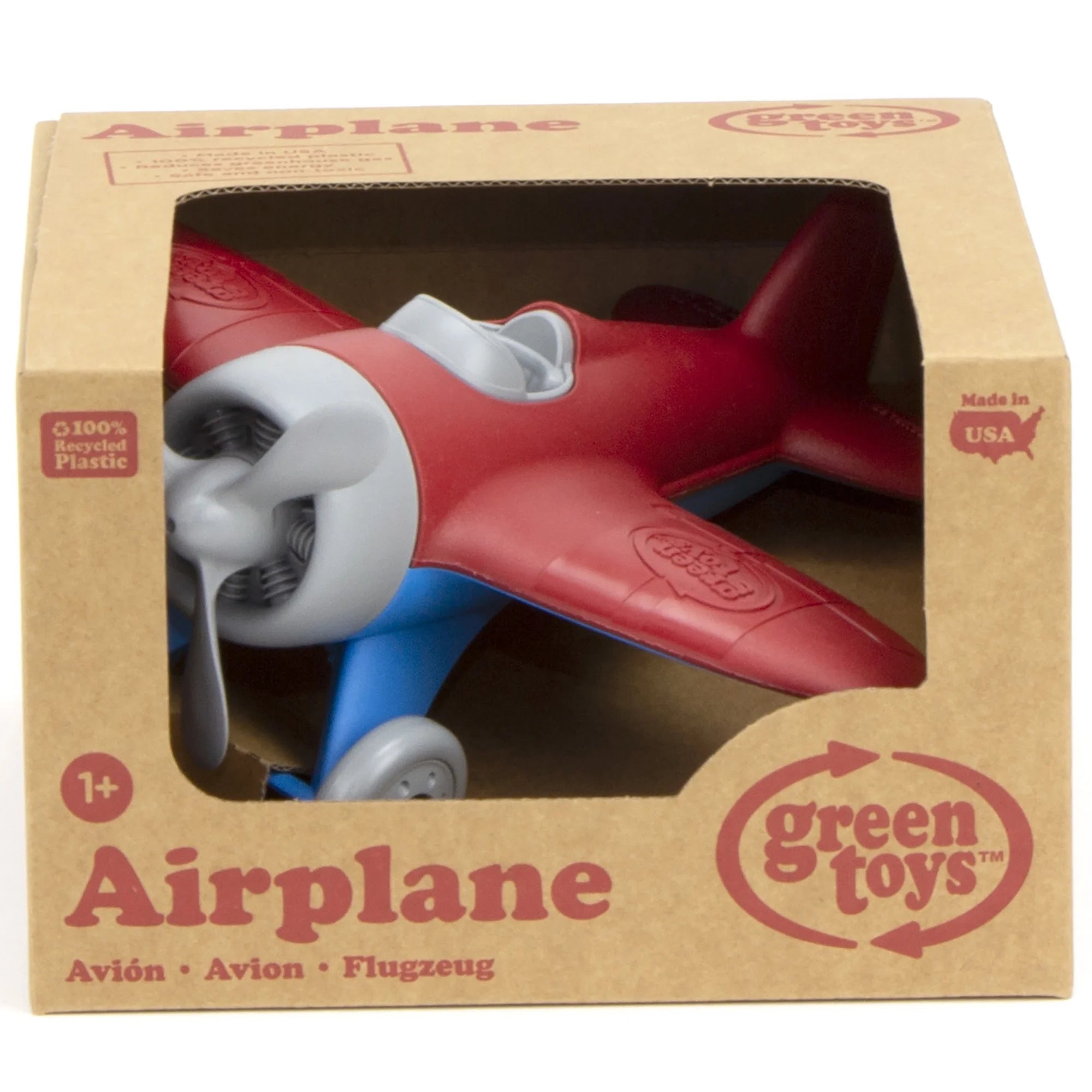 : Airplane - Red - Toy Vehicle, Spinning Propeller, Rounded Wings, Recycled Material, Flying High Aviation Pretend Play, Kids & Toddlers 1+